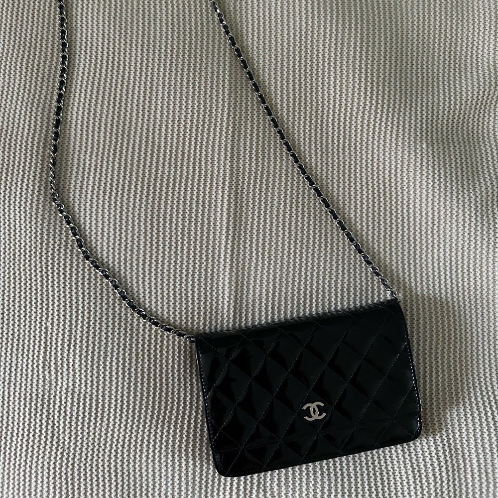 Black patent authentic Chanel wallet on chain (WOC) - excellent condition!